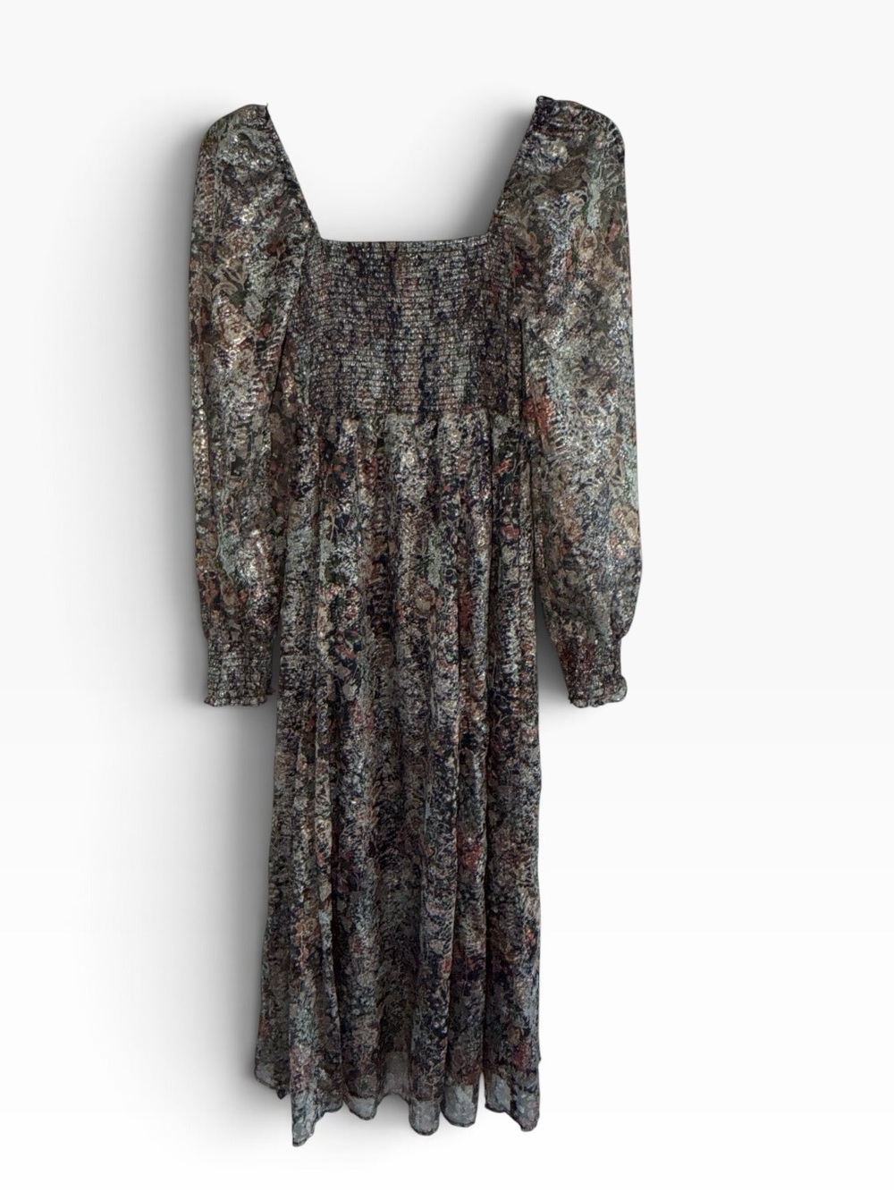O.P.T. Metallic Floral Smocked Long Sheer Sleeve Midi Dress size Small - Picture 3 of 9